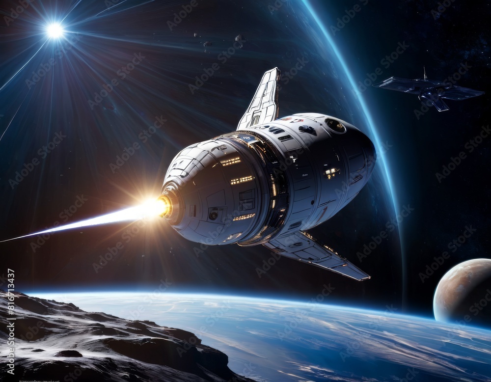 Poster a digitally rendered spacecraft firing its thrusters as it cruises past a dazzling star with a small