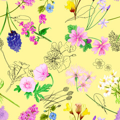 Pink, yellow, white and blue field flowers, hand painted with watercolor, on yellow background. Floral seamless pattern Background raster.
