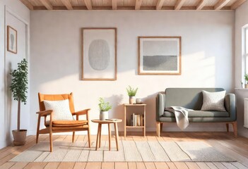 Airy living room featuring white walls and inviting wooden floors, Contemporary living room with a clean white backdrop and wooden floors, Minimalist living room with white walls.