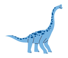 Cute blue long neck dinosaur, Brachiosaurus, hand drawn in flat design, childish style. Isolated on white background vector illustration