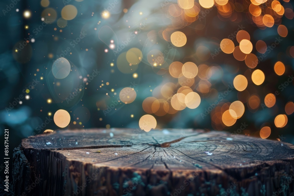 Poster mystical image of a tree stump with sparkling lights and bokeh in a dreamy forest setting