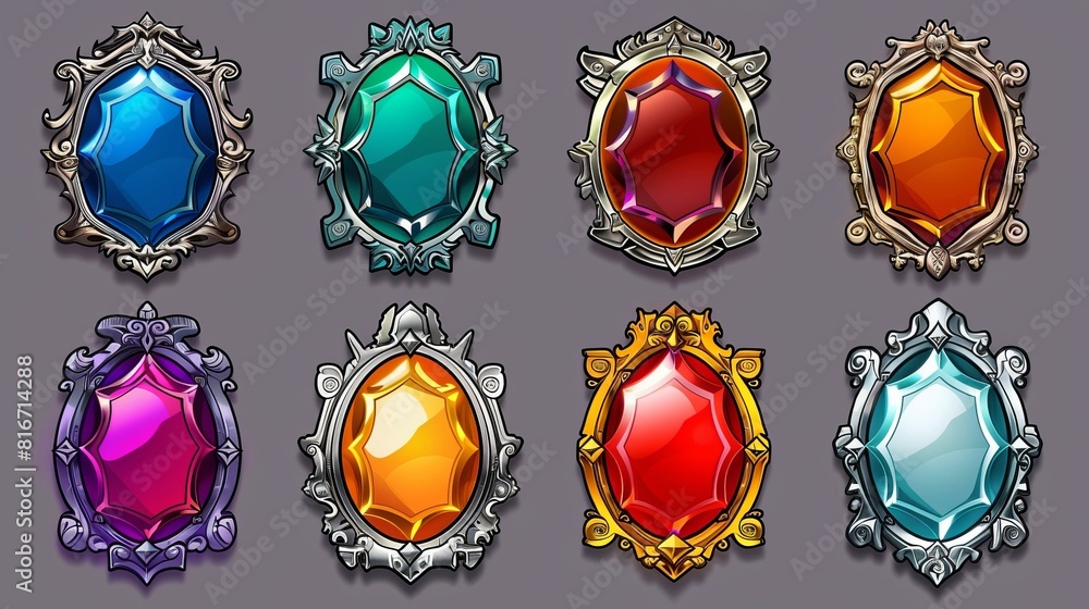 Poster modern cartoon set of old gold and silver buttons for rpg game user interface. games gold and silver
