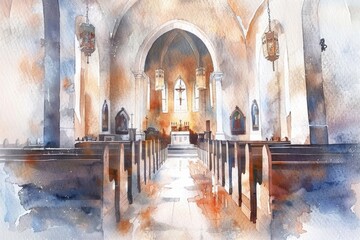 A serene watercolor painting of a church interior with pews. Ideal for religious publications or home decor