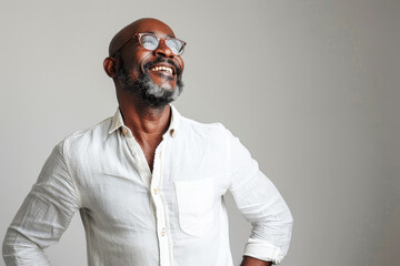 Portrait of an African American man laughing joyfully, hands on hips against a gray studio background
