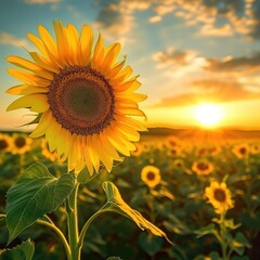 Field of sunflowers at sunset with golden light and clear sky