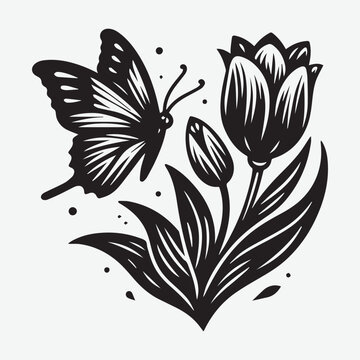 recommend clip art: Butterfly and tulip flower vector silhouette illustration. Gardening Elements Silhouettes including tools, plants, bench and wheelbarrow