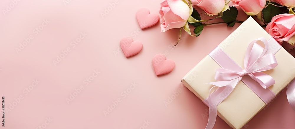Poster valentine s day background with a bouquet of roses a gift box and hearts accompanied by a blank pape