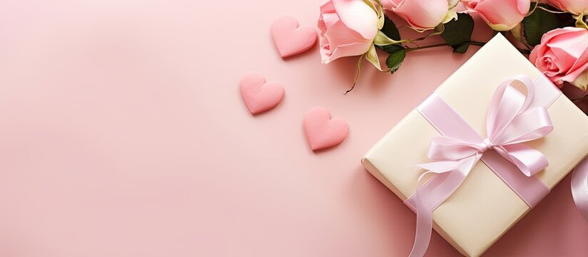 Valentine s Day background with a bouquet of roses a gift box and hearts accompanied by a blank paper card The pink background provides a delightful setting Copy space image taken from a top view allo