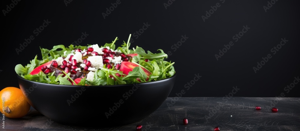Poster A vibrant salad of rucola feta cheese red onion and pomegranate seeds is presented in a black bowl set against a chalkboard background providing the perfect copy space image