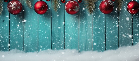 Teal blue snowy background with red Christmas ornaments hanging on a welcome sign Copy space image - Powered by Adobe