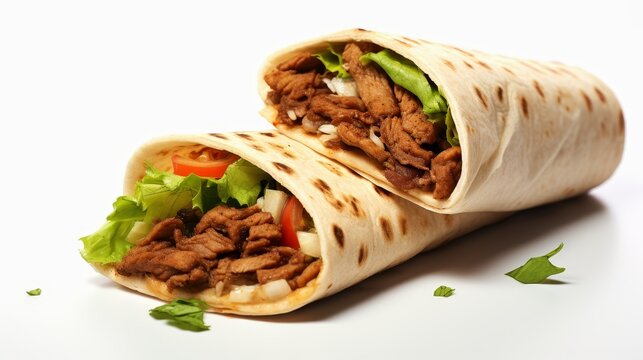 Delicious fresh vegetables with meat in pita bread on a white isolated background