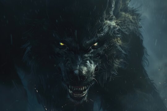 A majestic black wolf with yellow eyes walking in the snow. Ideal for wildlife or winter-themed projects