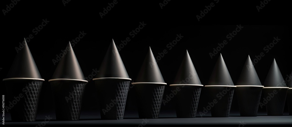 Poster a pyramid shaped arrangement of luxury black take away paper cups with caps isolated on a black back