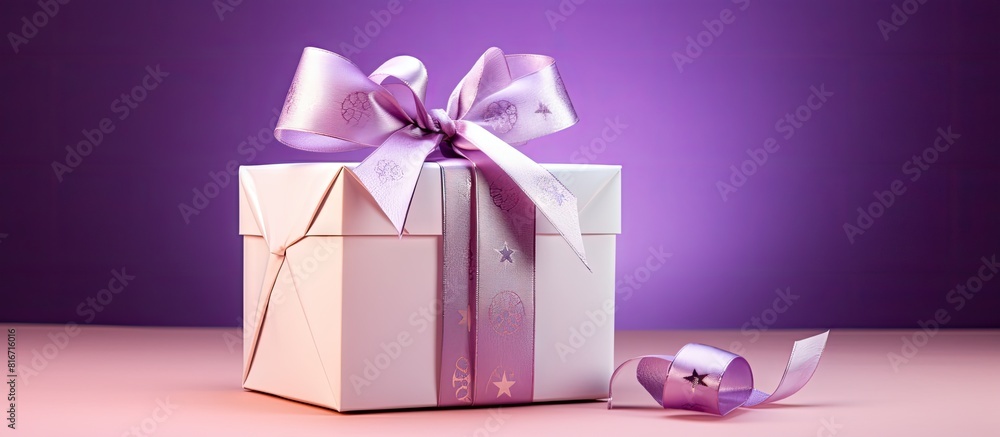 Poster A white gift ribbon is used to tie a roll of fifty euro banknotes creating a visually appealing copy space image against a purple background