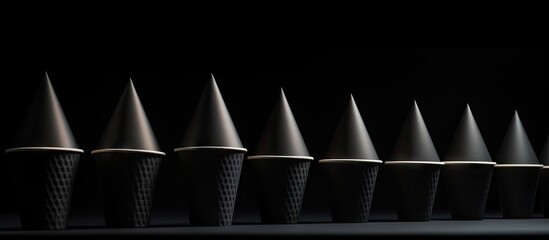 A pyramid shaped arrangement of luxury black take away paper cups with caps isolated on a black backdrop created for a retail mockup presentation Perfect for a copy space image