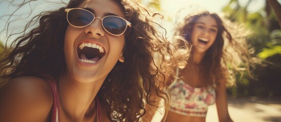 Two teenage Latin girls having fun outdoors with copy space image