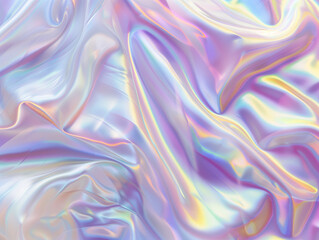 A iridescent fabric with rainbow colors and holographic reflections creates a nostalgic and tranquil abstract background, evoking a sense of calmness and serenity with its smooth, pastel tones.