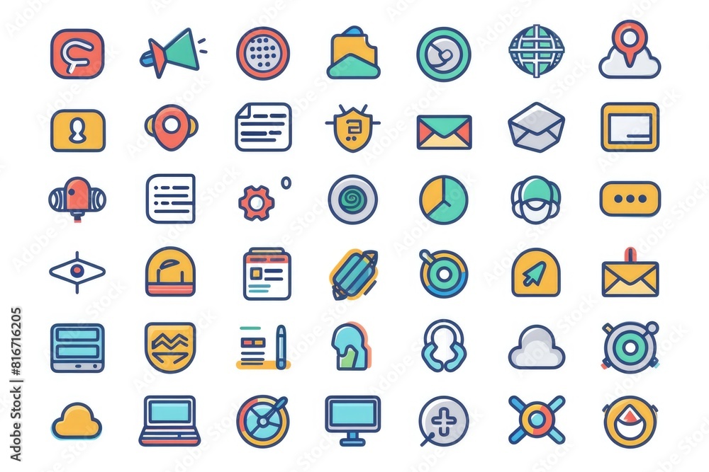Poster various colored icons on a plain white background. suitable for use in presentations or web design