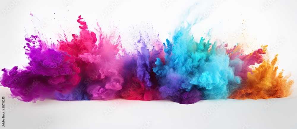 Aufkleber A vibrant burst of colorful powder spreads across a clean white backdrop capturing the frozen motion and glittering texture in an abstract copy space image