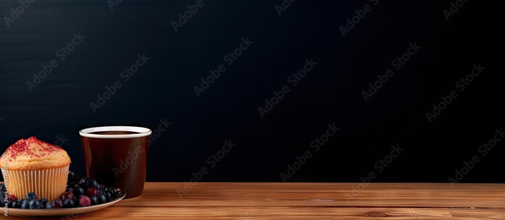 Aufkleber A wooden tabletop covered with brown paper holds a black coffee cup and a delicious cupcake topped with sweet jam creating a perfect copy space image
