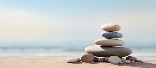 A stack of smooth pebbles resting on the sandy shore with ample copy space in the image