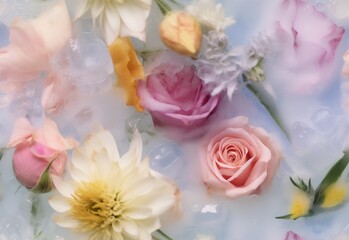 Colorful frozen flowers in milk, ice and water. Seamless abstract background. AI generated