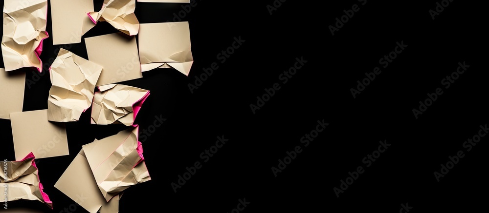 Fototapete A realistic image of torn beige paper with pink squares and torn edges in the corner The paper scraps are isolated on a black background and include sticky notes and shreds of notebook pages There is