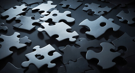 Broken puzzle pieces on a dark background, abstract image symbolizing difficulties with logical thinking, Alzheimer concept
