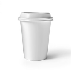 One white paper cup with white lids placed on a white background. Perfect for caf&eacute; branding, logo mockups, or eco-conscious presentations. Space for text or logos available.