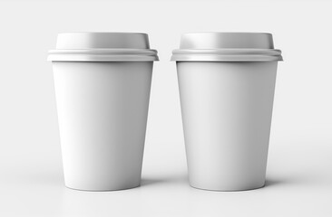 Two white paper cups with white lids placed on a white background. Perfect for caf&eacute; branding, logo mockups, or eco-conscious presentations. Space for text or logos available.
