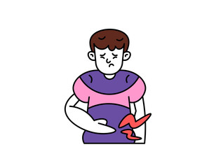 an illustration of a man with a stomach ache. feel pain in the stomach. holding stomach. suffering from digestive disorders. Symptoms of ulcers and GERD. outline style illustration design