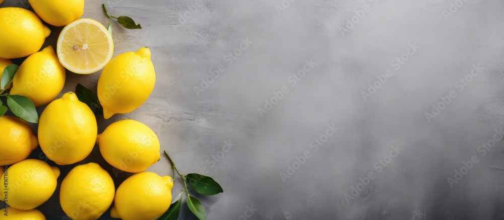 Poster A top down view of fresh lemons resting on a grey background with ample copy space available