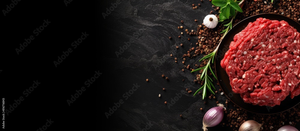 Poster view from above of raw ground beef burger ingredients placed on a concrete table top with copy space