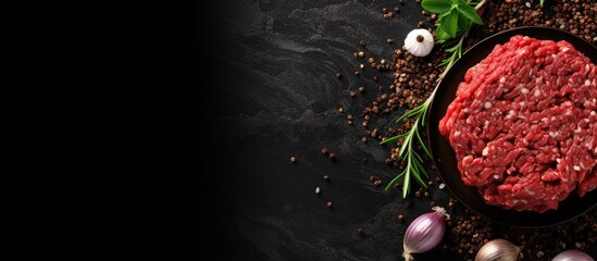 View from above of raw ground beef burger ingredients placed on a concrete table top with copy space in the image