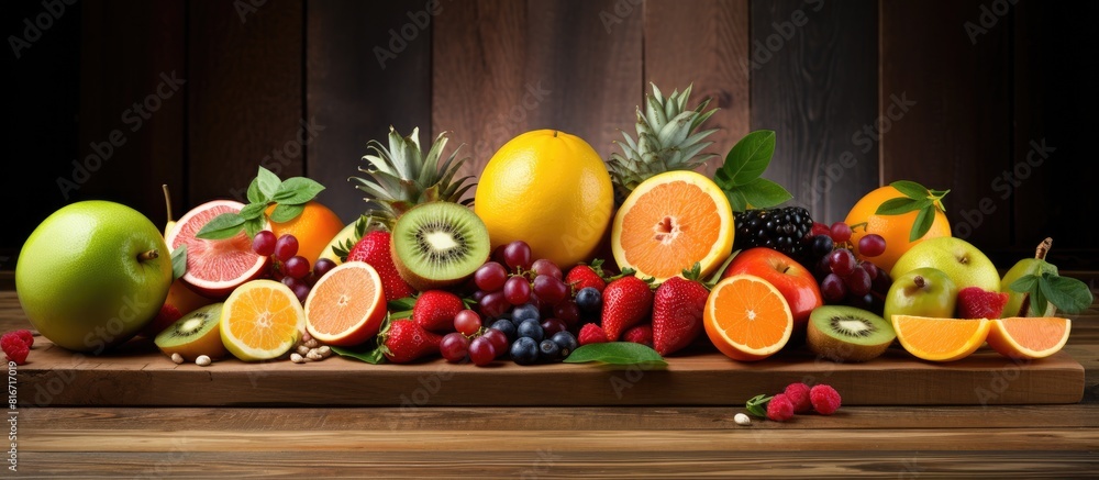 Poster a copy space image showcasing an assortment of sliced fruits elegantly arranged on a wooden board