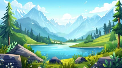 Detailed cartoon illustration of a summer landscape with mountains, forest, and a lake. Various fir trees, green grass, and rocks can be seen in the background.