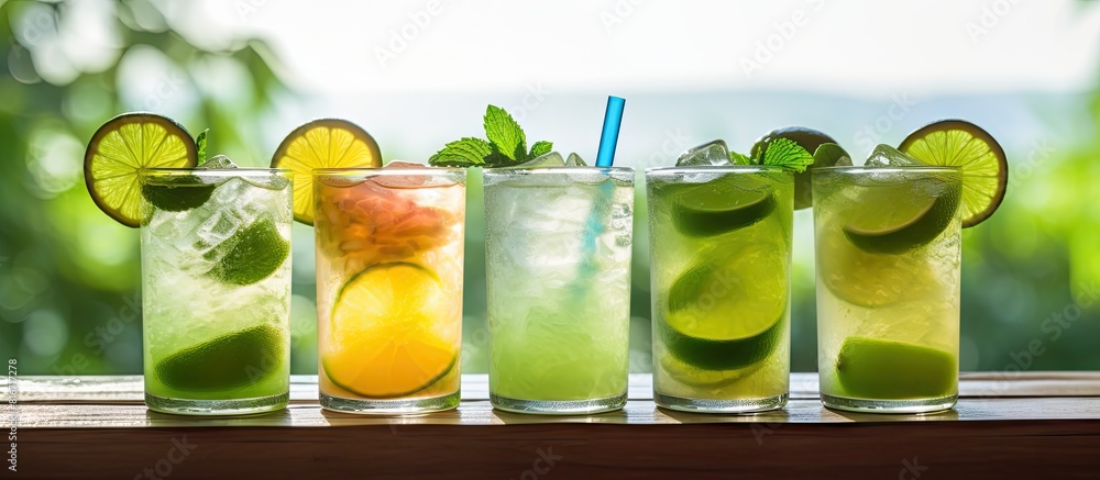 Poster Refreshing summer beverages like mojitos iced lemonades or margaritas with celery and lime slices presented on a wooden background with copy space for an inviting image