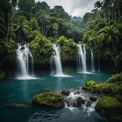 A tropical island with a lush rainforest and cascading waterfalls.
