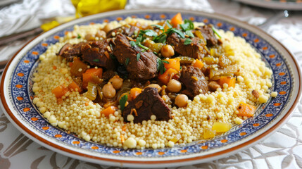 Vibrant plate of african couscous topped with succulent lamb, chickpeas, and diced vegetables, garnished with fresh parsley