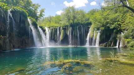 Scenic waterfalls at Plitvice Lakes