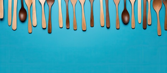 Wooden spoons forks and knives arranged on a blue background These eco friendly disposable kitchenware utensils are made from wood promoting the concepts of ecology and zero waste The image is captur - Powered by Adobe