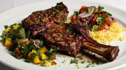 Fototapeta premium Savory t-bone steak with african spices, served alongside couscous, crisp salad, and mango salsa on a pristine plate