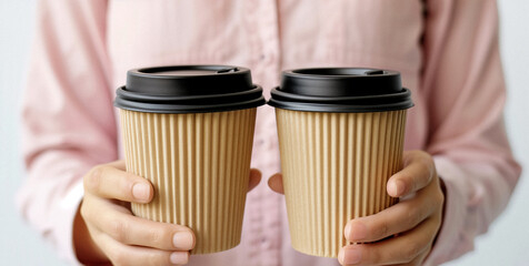 A waiter holding two craft paper coffee cups. Perfect for mockups and brand presentations related to coffee shops and service.