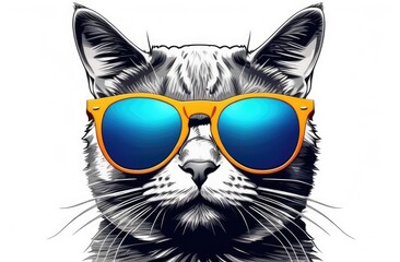 illustration of a cat with glasses. Drawn portrait of a kitten wearing stylish sunglasses