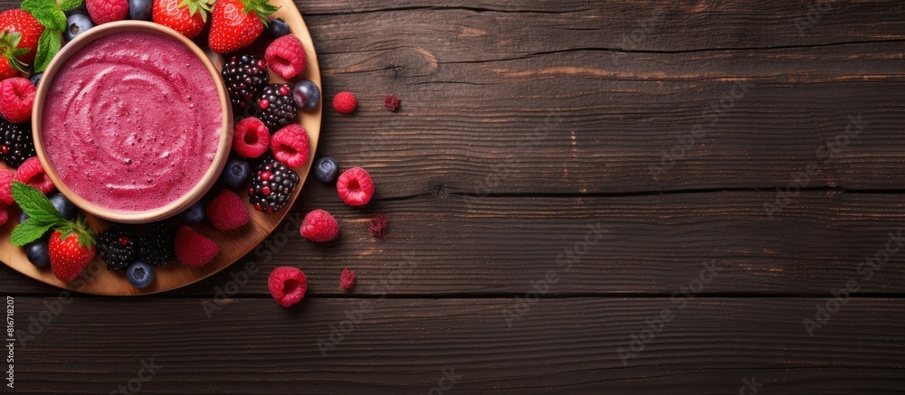 Poster A top down view of a wooden table showcasing a bowl filled with raspberry smoothie and an assortment of berries leaving space to add text or images. with copy space image