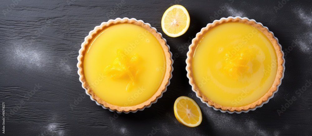 Poster top view of two beautifully decorated lemon curd tarts with plenty of copy space image
