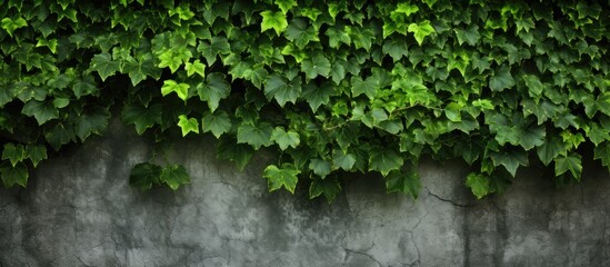 The wall background features a texture of ivy green leaves providing a captivating copy space image