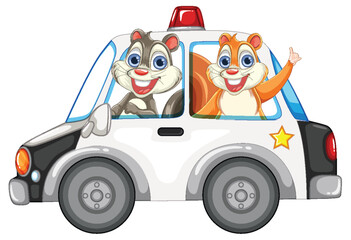 Two cartoon squirrels enjoying a ride in a cop car