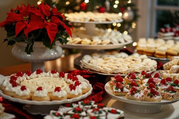 Holiday dessert buffet adorned with a poinsettia and assorted sweet treats