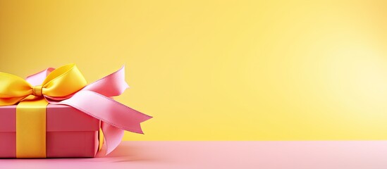 Yellow background with pink ribbon adorned cute gift set Perfect for a website s banner provides copy space image